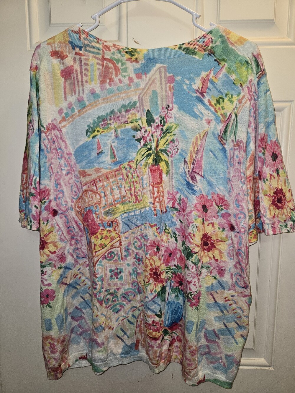 Talbots Multicolor Floral Scenic Short Sleeve Tee in Pink Blue Green Yellow - Picture 5 of 8